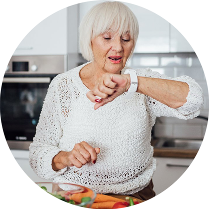 Senior lady wearing assistive technology wristband